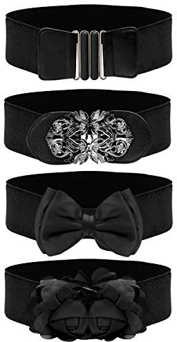 BELLE VOUS 4er Pack Elastischer Taillengürtel Damen Breit - 4 Designs - 4er Set Damen Gürtel Breit - 4 Damen-Gürtel Stretchgürtel - Breiter Gürtel Damen für Kleid - Schwarz