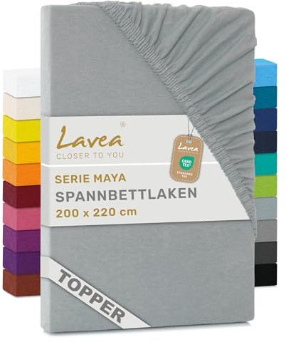Lavea® Drap-Housse pour Surmatelas/Topper 200x220cm – Jersey 100% Coton – pour Surmatelas Jusqu’à 10 cm – avec Élastique Tout Autour – Certifié Oeko-TEX – Argent
