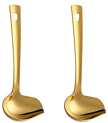 Soßenlöffel Gießlöffel Länge 22 cm Edelstahl Saucenlöffel, gold Farbe Schöpflöffel Ladle Spoon 2 Stück, Breite 8.4 cm Groß Suppenlöffel Servierlöffel mit Hängendes Loch