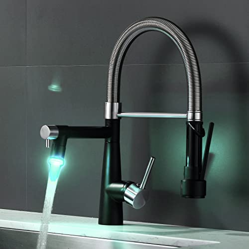TIMACO LED Gebürstetes Nickel und Schwarz Wasserhahn Küche mit Schloss Brause Ausziehbar - 360° Schwenkbarz- Einhebel Mischbatterie & Pull-Down-Spray - Hochdruck