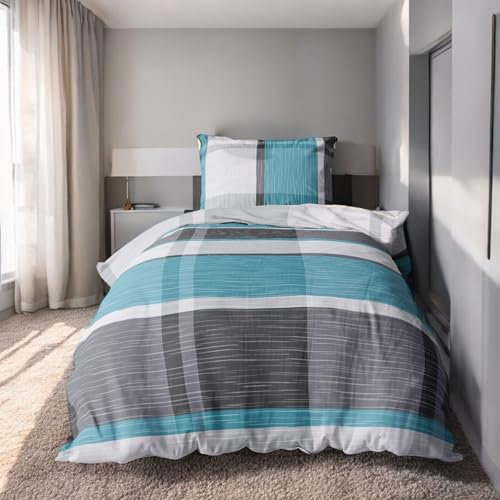 LINKHOFF Bettwäsche 135x200 Baumwolle - 2teilig - Flauschige Bettwäsche Grau - Biber Bettwäsche Blau Türkis - Kissenbezug 80x80 + Bettbezug