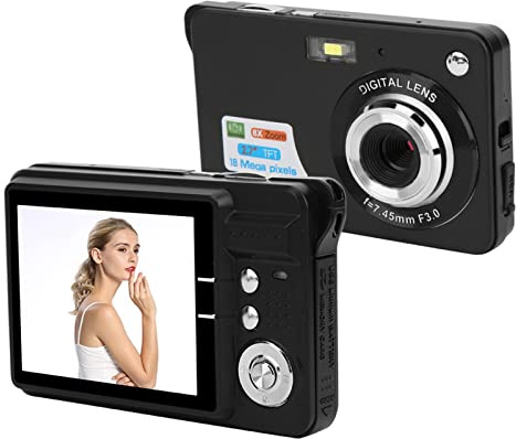 Appareil Photo Numérique, Appareil Photo de Poche Compact 18 MP 2,7 Pouces, Appareil Photo Numérique Zoom 8X, Prise en Charge SD 32 Go, Microphone Intégré, Mise au Point Automatique(Le Noir)