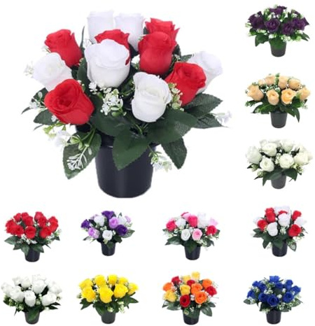 Mr. Barry's Neues verbessertes Design mit Trockenschaumstoff-Oase-Einsatz, Rosen-Grabblumen, Grab-Topf, Friedhofsvase, Grab-Blumentopf, künstliche Blumen für Gräber, Gedenkstätte (rot-weiß)