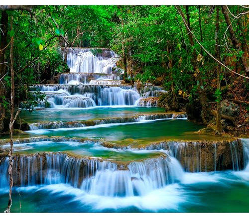 decomonkey Fototapete Wasserfall 400x280 cm Tapete Fototapeten Vlies Tapeten Vliestapete Wandtapete Moderne Wand Wandbild Schlafzimmer Wohnzimmer Wald Flu?? Dschungel Thailand Asien Natur Blau Grün