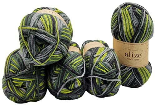 Ilkadim Export 5 x 100 Gramm Sockenwolle Alize Wooltime mehrfarbig, 75% Superwash Wolle, 500 Gramm Strickwolle für Stricksocken und Strümpfe (grau grün 11019)