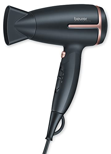 Beurer HC25 Ionic Hair Dryer for Travel with Voltage Switch 1600W Anti Frizz Blow Dryer, Foldable Handle, Lightweight Styler, Nozzle Attachment, Black and Rose Gold