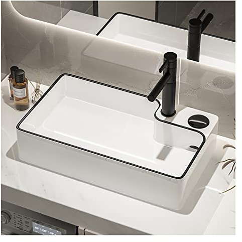 Lavabo Rettangolare, Lavabo sopra Il Contatore, con Rubinetto Nero E Pop Up Scarico Combo, Drenaggio Laterale