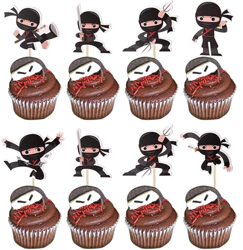 24 Stück Ninja Tortendeko Zusammengestellte Kampfsportarten Karate Kung Fu Krieger Cupcake Toppers für NinjaThema Baby Shower Kinder Geburtstag Party Kuchen Deko