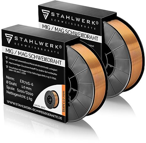 STAHLWERK MIG/MAG Stahl Schweißdraht Ø 1,0 mm ER70S-6 (SG2) – 2 Stück je 5 kg D200-Spule für 50 mm Dorn, universell einsetzbar, hochwertiger Schweißmassivdraht für alle Stahlarbeiten mit Schutzgas