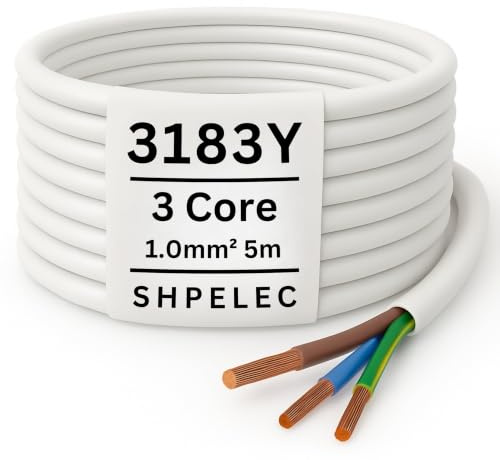 SHPELEC® FLEXIBLE White Cable 3183Y 0.75mm, 1.0mm, 1.5mm, 2.5mm BASEC Approved White PVC LED Lighting 5m 10m 15m 20m 50m (1.0mm 3 Core - 5metres)