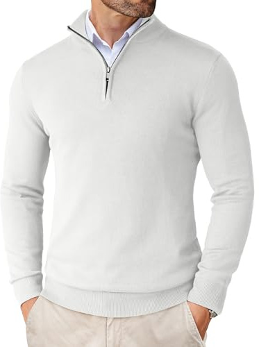 COOFANDY tröja herr 1/4 dragkedja hals polotröja turtleneck stickad tröja finstickad tröja vintertröja långärmad lätt arbetströja, Vit, 3XL