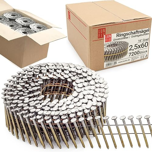LUN FIX Coilnägel Ringschaft 16° 2,5x60 mm 7200 Stk drahtgebunden | Stahl unverzinkt Nägel für Druckluftnagler und Nagelpistole für Holzbau Palettenbau Zaunbau Schalung Zimmerei