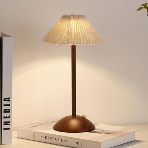 BomKra Cordless Table Lamp Minimalist Touch Lamp Dimmable 3 Color Bedside Lamp Rice Paper Walnut Wood Rechargeable Night Light for Bderoom Living Room Dinner Bar