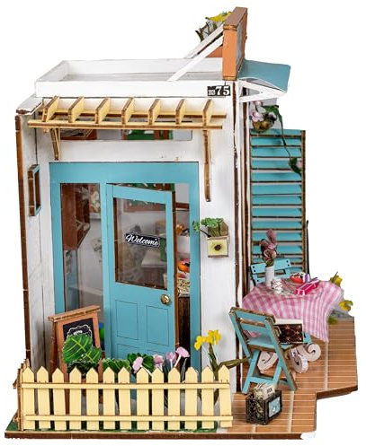 Crafts&Co® DIY Miniature Haus mit Möbeln | DIY Puppenhaus Erwachsene | Hölzernes Puppenhaus-Kit | Holz Mini Haus Modell mit Licht | 1:18 | Sweet Café