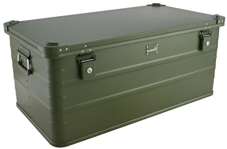 Alubox Alukiste abschließbar E141G OLIVGRÜN - Premium Lagerbox 141 Liter - Materialstärke 1mm - Deckel mit Aluminium Druckguss Stapelecken und Gummidichtung - inklusive Schlösser - lackiert