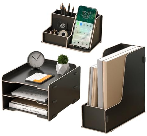 NUODWELL Holz Schreibtisch-Organizer-Set – 3-Etagen-Papier-Briefablage/A4-Datei-Dokumentenhalter/Stiftehalter, Desktop-Organizer und Aufbewahrung für Büromaterial (Schwarz)