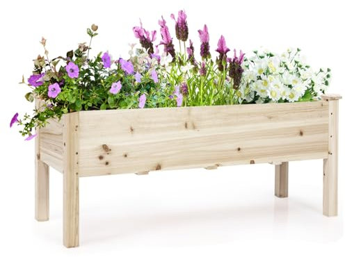 HOMASIS Fioriera Rialzata da Esterno in Legno di Abete, Orto Rialzato con Fori di Drenaggio, Letto da Giardino per Piante, Fiori, Erbe (Naturale, 120 x 43,5 x 51 cm)