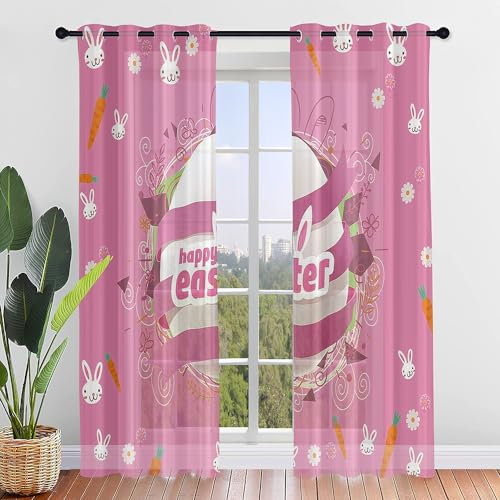 ENEN 2er Set Scheibengardinen 3D Ostern Halbtransparent Bistrogardine, Schlaufengardinen Gardinen Küche, Türgardine für Küche Wohnzimmer Landhaus (55x95cm,Rosa Ei)
