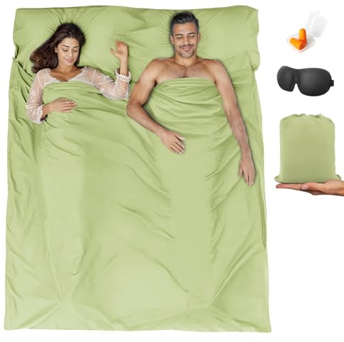 BREENHILL Double Sleeping Bag Liner，Camping Sheets & Travel Sheet, Hostels & Traveling Adult Sleep Sack for Backpacking, Hotels Lightweight Single & Double Camping Sleeping Bag Liners Green