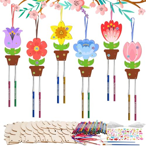 HONMOK 12 Kits Bricolage Carillons pour Enfant Fleurs Carillon à Fabriquer en Bois Carillons à Peindre pour Fille Garçon Décoration Manuelle pour Anniversaire Fête des Mères(6 styles)