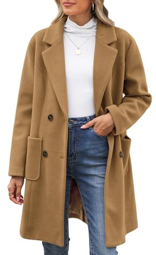 CMTOP Abrigo Mujer Lana Cuello en V Solapa Abrigos Invierno Largo Térmico Chaqueta Otoño Invierno de Lana Chaquetas Recto Doble Faz de Elegantes con Bolsillos(Camel, XL)