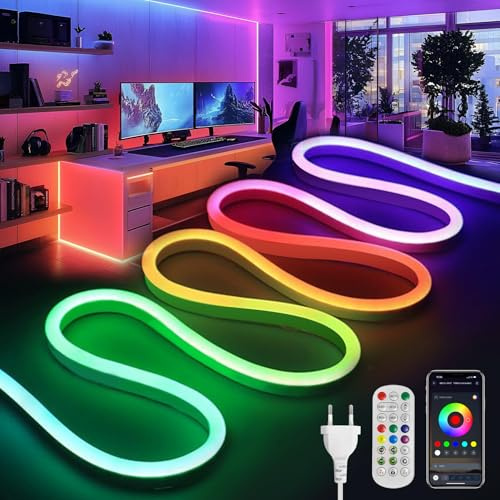 BRIMETI 2M Neon LED Strip, RGBIC Neon LED Streifen, Schlauch 230V APP und Fernbedienung,Musik Sync,Innen Aussenbereich Leiste Wasserdicht IP65 Flexibel, für Zuhause,Schlafzimmer (mit Netzteil)
