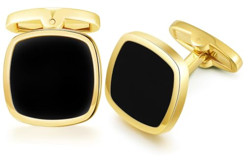 HONEY BEAR Herren Quadrat Manschettenknöpfe Hochzeit Cufflinks Manschettenknopf (Schwarz mit Gold)