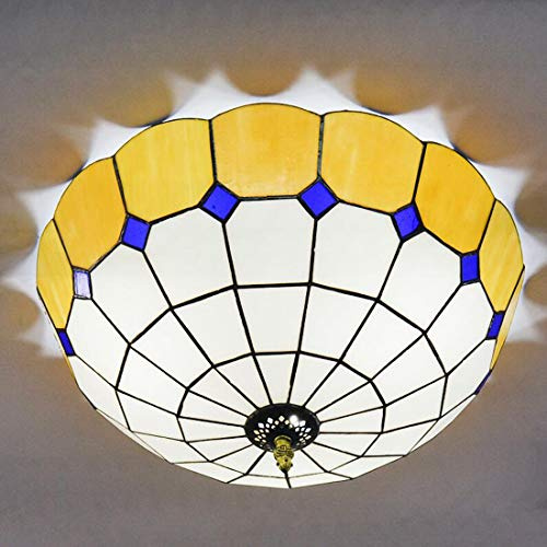 16 inch Ceiling Light Flush Mount, Retro Stained Glass Bowl Shade Ceiling Lamp, Metal Decoration y Ceiling Lighting Fixtures for Living Room Bedroom Kitchen, E27,Yellow Household faucets