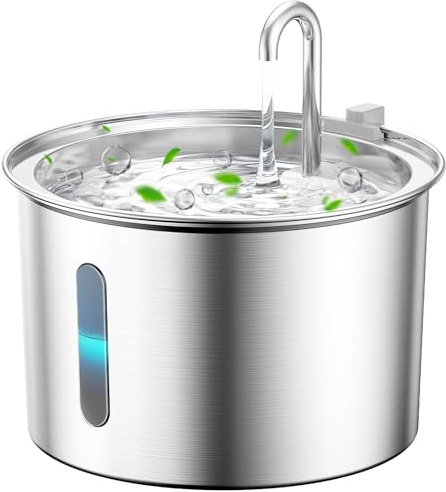 oneisall Katzenbrunnen Edelstahl, 2L Trinkbrunnen für Katze, Super leise Katzen Trinkbrunnen mit Wasserstandsfenster, Wasserbrunnen für Katze, 3 Aktivkohlefilter, Spülmaschinenfest, LED Licht