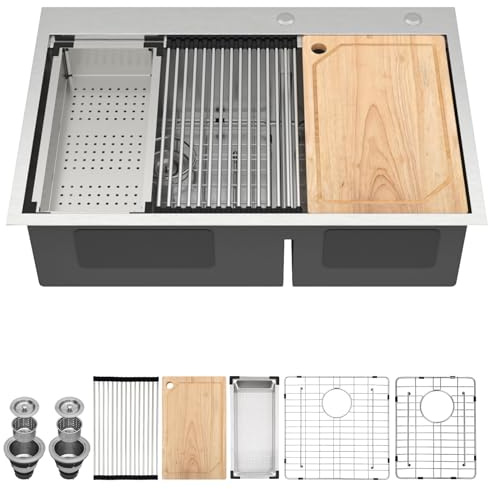 Talllor 33 Inch Drop-In Double Bowl Kitchen Sink, 16 Gauge 304 Stainless Steel 60/40 Low Divide Workstation All-In One Large Sink with Accessories, Brushed Nickel #TLDB-502