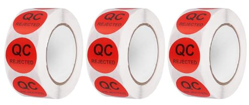 QUARKZMAN Etichette di Controllo Qualità 3 Rotoli 1500Pz Rifiutate QC, Adesivi di Controllo Qualità per Gestione Magazzino Ispezione Organizzazione, Rosso
