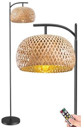 Lámpara de pie inalámbrica regulable, funciona con pilas, con control remoto, función de temporizador, diseño de ratán tejido, lámpara de pie alta de bambú para sala de estar, dormitorio y oficina
