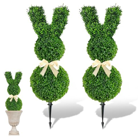 90cm Künstliche Hasen Formschnitt Baum mit Erdspieß, 2 Stück UV-beständig Osterhasen Buchsbaum Immergrüne Kunstpflanze Sträucher Osterbaum Dekoration für Veranda, Garten, Innen- und Außenbereich