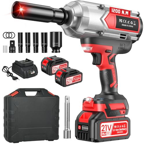 sukaudiz Avvitatore a Impulsi, 1200N.m Cacciavite a Batteria con Batteria 4.0 AH*2, 2 Luci a led, Modalità 3+2 Velocità, Con 5maniche, Pistola a percussione senza spazzole, Auto