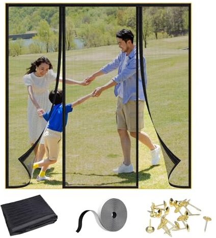 Magnétique Moustiquaire Double Porte Automatique Rideau,110x200cm(WxH) Noir Moustiquaire à Fermeture Aimantée,Kit d'Installation Complet,Punaises et Bande Adhésive Inclus