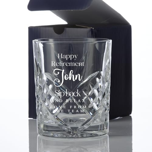 ukgiftstoreonline Personalised Crystal Cut Whiskey Glass, 330ml, Retirement Gift with Custom Name Engraving, 93mm x 84mm