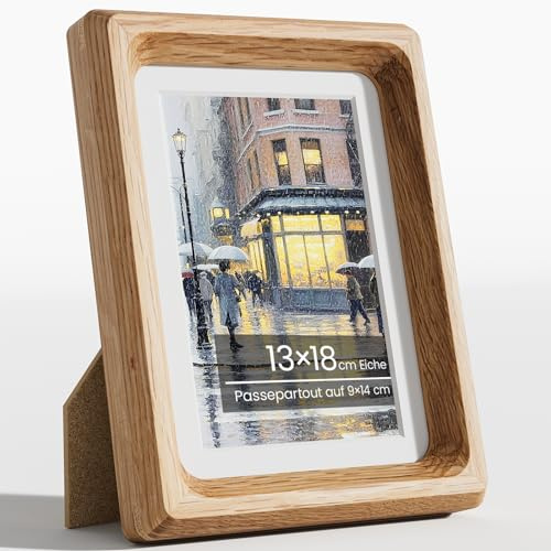 Feihorrm Bilderrahmen 13x18, Natürliches Eiche Fotorahmen mit Gehärtetem Glas, Handgefertigte 13x18 cm Holzrahmen oder 9x14 cm-Fotos mit Passepartout, Wand oder Tisch für Bild Anzeige, Familienbild