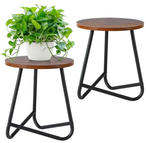 HDANI 35cm Rund Pflanzenständer,Blumenständer 2 set,Pflanzenregal aus Holz und Metall,Modernes Regal für Zimmerpflanzen für Wohnzimmer, Balkon und Büro,Schwarz Rustikales Braun