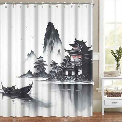 Heevnttiy 72x72 Inch Chinese Ink Painting Shower Curtain Watercolor Black Mountain Pavilion Bird Pine Trees Boat Lake for Bathroom Set Decor Machine Washable Waterproof Polyester Fabric with Hooks