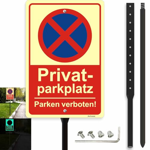 Privatparkplatz Schild mit Pfosten – Parken Verboten, Nachtleuchtend & Wetterfest – 30x20cm Aluminium Verbotsschild mit Erdspieß, 88cm Hoch für Einfahrt & Garten