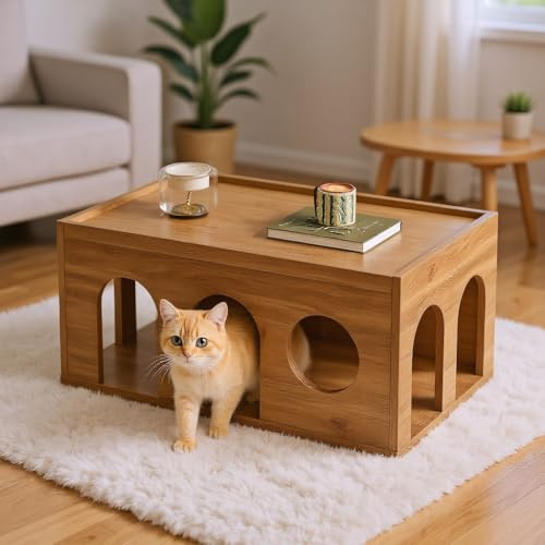 Soweiz Mesa de centro de nogal con agujeros para gatos, 80 x 50 x 40 cm, acabado de nogal natural, para sala de estar e interacción entre personas y animales