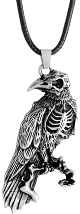 Hanary Raven Skull Necklace, Gothic Witchy Raven Bird Skeleton Skull Pendant, Faux Leather Cord, Goth Jewelry Gift