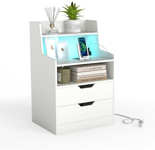 COSTWAY Nachttisch mit LED-Lichtern und Ladestation, Beistelltisch mit 2 Schubladen, offenen Fächern & Fernbedienung, Sofatisch, Nachtschrank für Boxspringbett, 45 x 35 x 72,5 cm (Weiß)