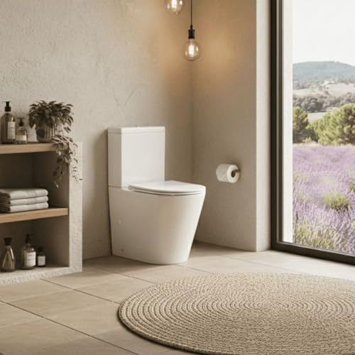 SOULHOME Pack Inodoro Rimless WC (BLANCO BRILLO) Pulsador color Dorado | Tapa Thermodur Amortiguada, Salida DUAL Horizontal/Vertical, Doble Descarga Eco, Conexión agua inferior Derecha/Izquierda.