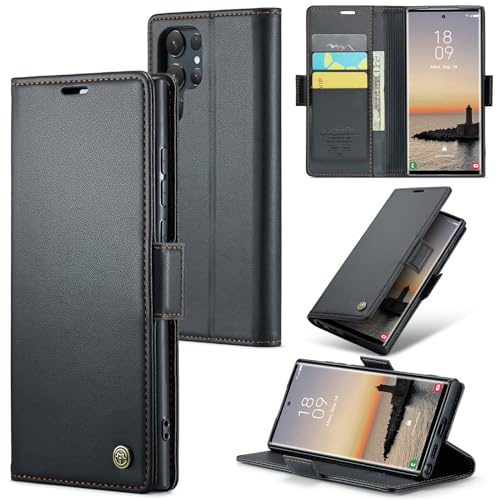 Idhiem Leder Handyhülle Klappbar für Samsung Galaxy S24 Ultra, Schwarz | Premium PU Leder, Klappbar Hülle, RFID Blockierung, Magnetverschluss, Kartenfach Standfunktion, Klapphülle Schutzhülle