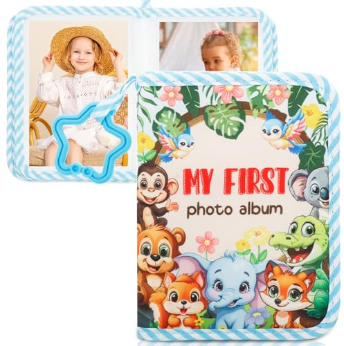 Baby Fotoalbum 4x6 Zoll,17 Fotos Babys Erstes Familienalbum mit Weichem Stoffbezug und Haken,Baby-Erinnerungsalbum als Geschenk mit Sicherem Spiegel für Babyparty,Kleinkinder (Blau)