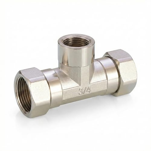 T-Stück Messing vernickelt A16 - Verteiler 2x G 3/4 Zoll Überwurfmutter auf 1x G 1/2 Zoll Innengewinde (IG) - Hochwertiger Sanitär Fitting Adapter