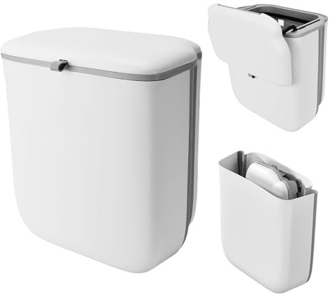 Eborrkee 10L White Foldable Hanging Bin with Lid, Kitchen Cupboard Bin | Waste Caddy Bins, Kitchen Waste Bin, Small Kitchen Waste Bin for Under Sink/Cupboard Caravan/Food Waste Caddy/Toilet/Camping