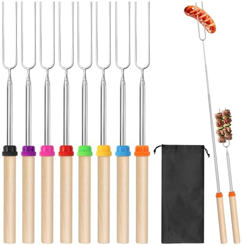 Erzekrim Teleskop Grillspieße Edelstahl 8 Stück Marshmallow Spieße 31-81cm | mit Isolierten Griffen, Roasting Sticks Stockbrot Stöcke Lagerfeuerspieße Schaschlikspieße für Grillparty, Camping