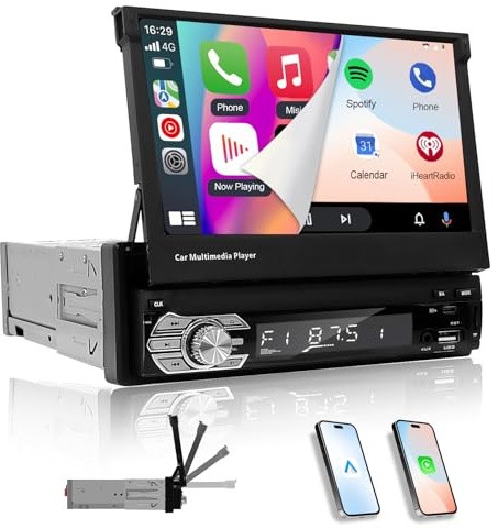 Enkel Din pekskärm bilstereo med Carplay och Android Auto,EZoneTronics 7 tum HD Flip Out 1 din pekskärm Bluetooth bilradio, spegellänk/rattkontroll/FM/Aux/USB+Typ-C-portar